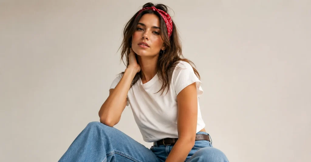 Red Bandana Outfit featuring a stylish red bandana headband with a casual 90s-inspired look