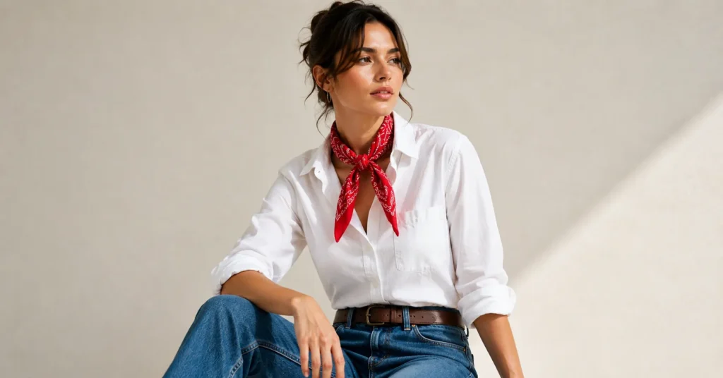 Red Bandana Outfit featuring a classic red bandana neck scarf with white and denim styling