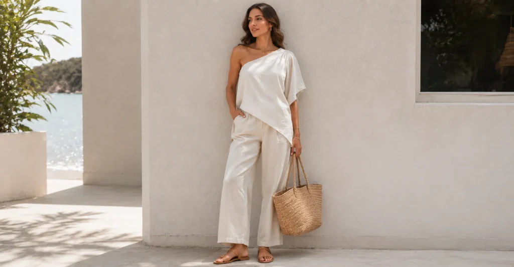 The Complete Asymmetrical Top Outfit Guide: Styling That Actually Works 3 Resort Asymmetrical Top Outfit with a linen asymmetric top, cream trousers, and summer accessories.