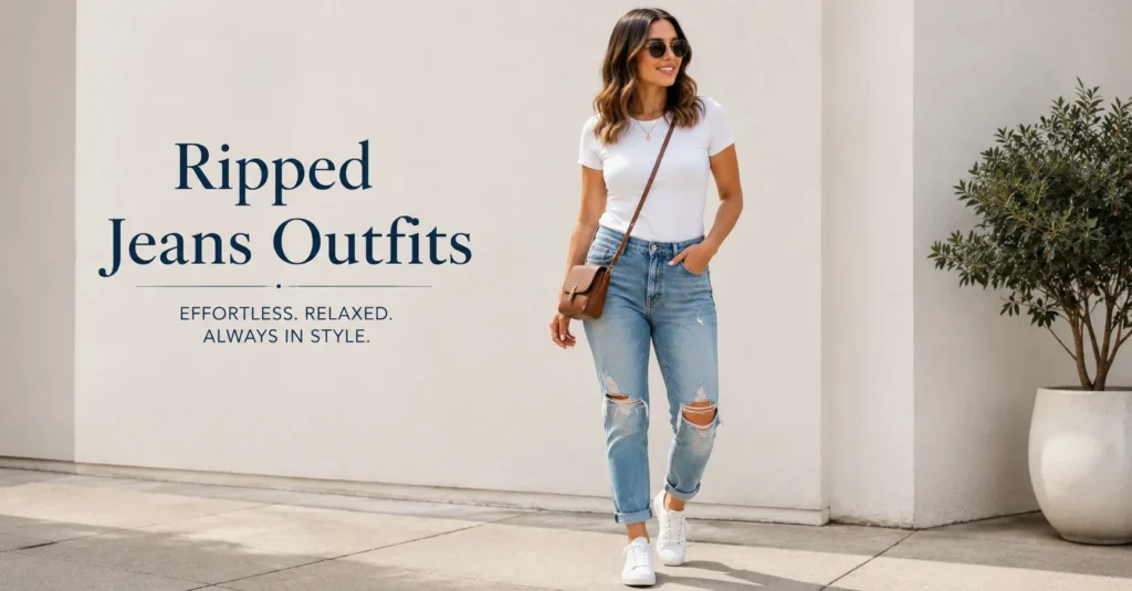 Ripped Jeans Outfits featuring relaxed boyfriend ripped jeans for women