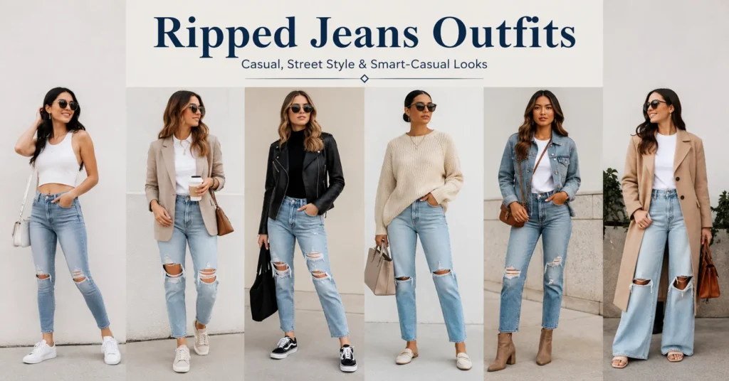 Ripped Jeans Outfits featuring stylish women's denim fashion for casual, smart-casual, and seasonal looks