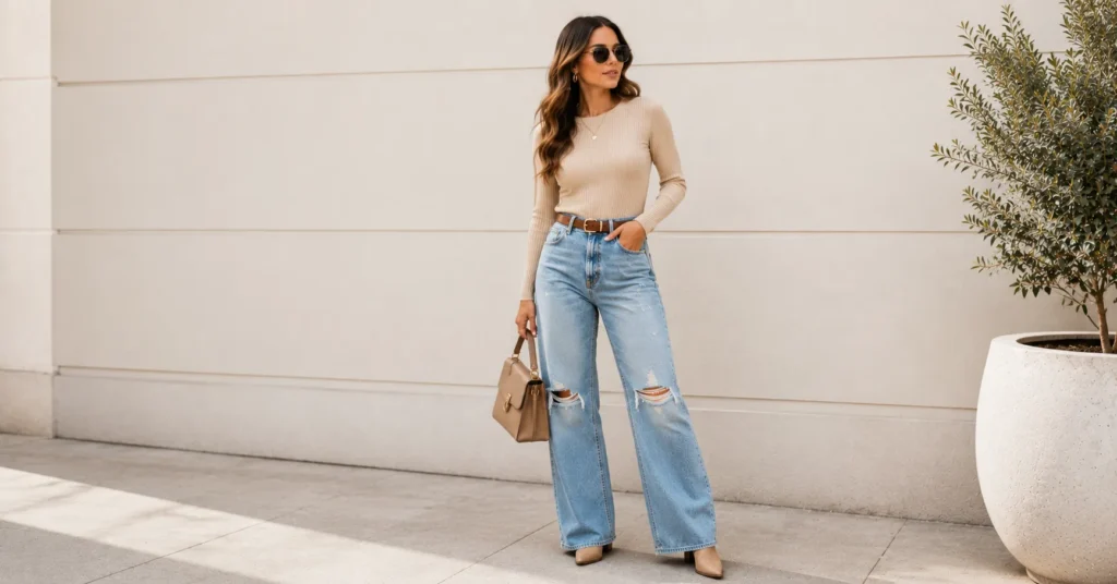 Ripped Jeans Outfits featuring women's distressed wide-leg jeans styled for modern fashion