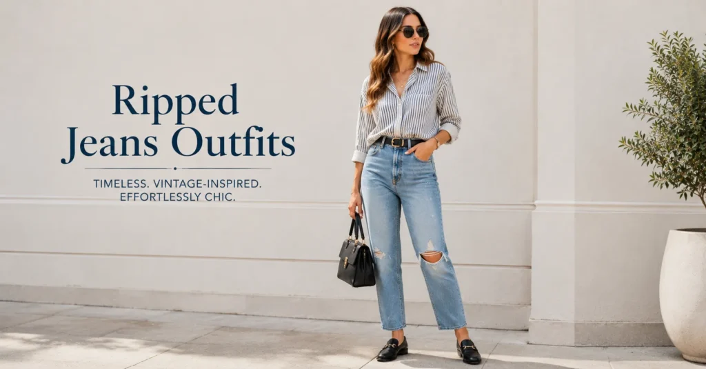 Ripped Jeans Outfits showcasing women's straight-leg and mom jeans with vintage-inspired styling