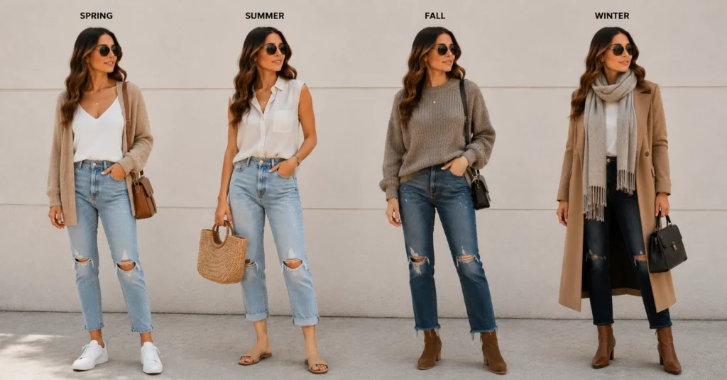 Ripped Jeans Outfits showing stylish women's denim looks for spring, summer, fall, and winter