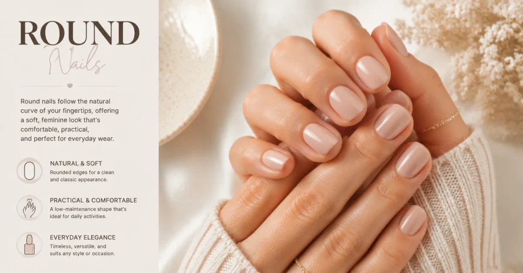 Round Nails with a natural curved manicure shape for simple everyday elegance