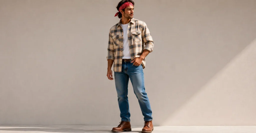 Red Bandana Outfit featuring a rugged Western look with flannel, denim jeans, and boots