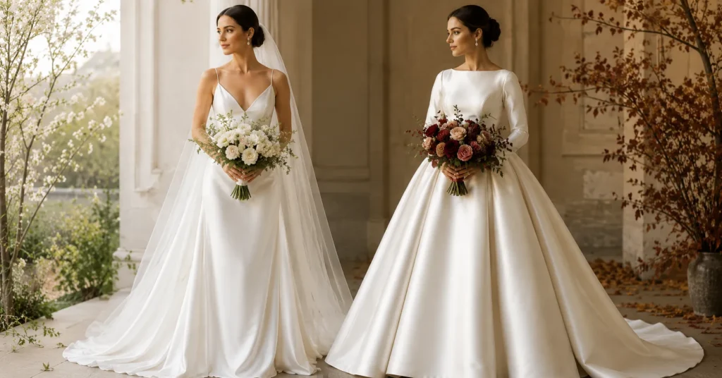 Satin and Silk Wedding Dresses: How to Choose the Right Fabric for Your Big Day 7 Satin and Silk Wedding Dresses styled for different seasons with lightweight silk and luxurious satin bridal fabrics