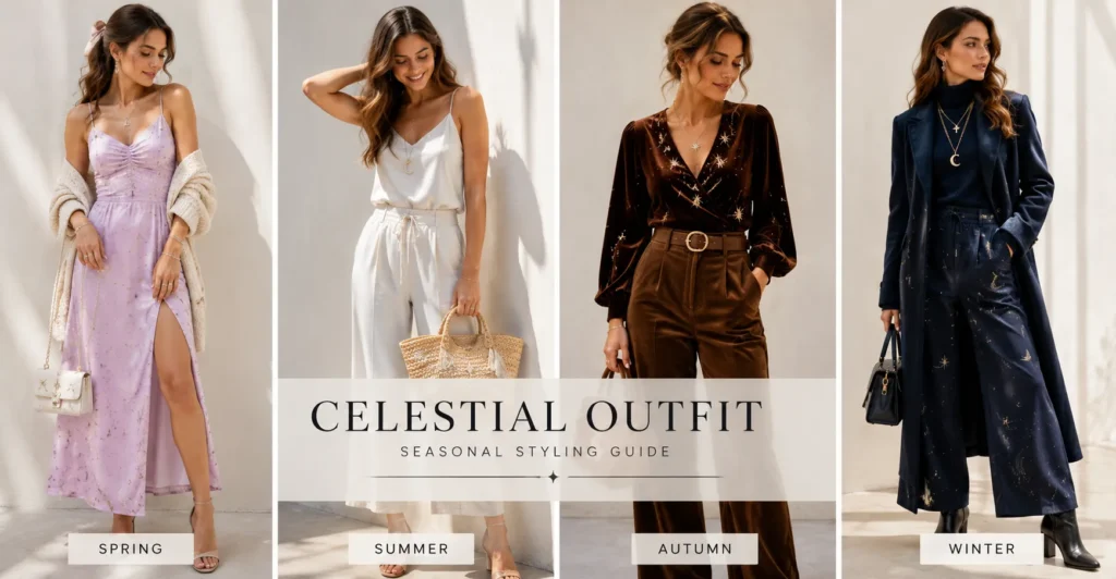 The Celestial Outfit Guide Stylists Wish You Had 10 Seasonal Celestial Outfit ideas featuring spring, summer, fall, and winter celestial-inspired fashion.