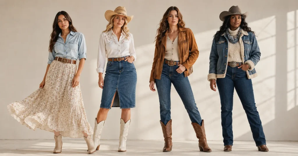 Women's Western Wear styled for spring, summer, autumn, and winter with denim, cowboy boots, prairie pieces, fringe, and layered western outfits.