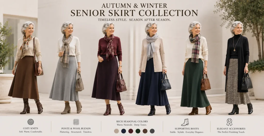 Senior Skirt autumn and winter outfits featuring elegant layered fashion for mature women