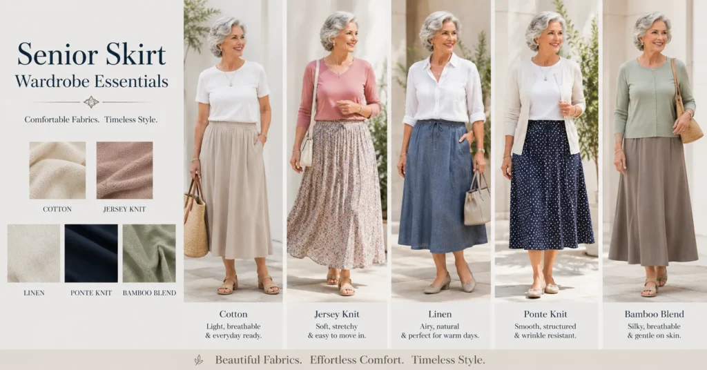 Senior Skirt everyday fabrics featuring breathable cotton linen and jersey styles