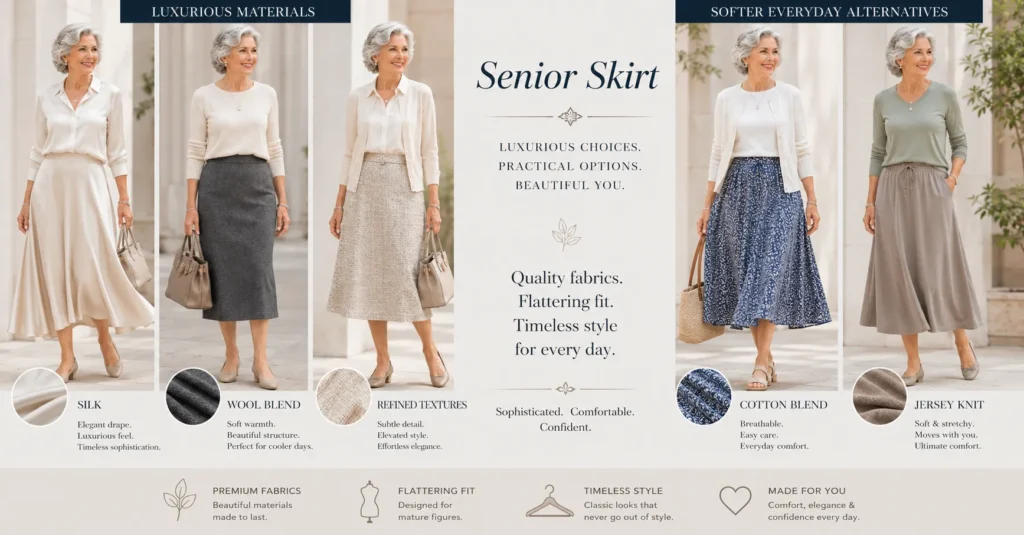 Senior Skirt fabric choices featuring elegant silk wool and practical alternatives