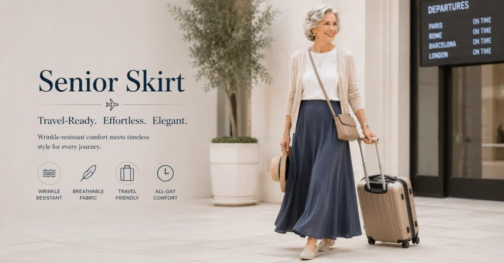 Senior Skirt travel outfit featuring comfortable wrinkle-resistant fashion for mature women
