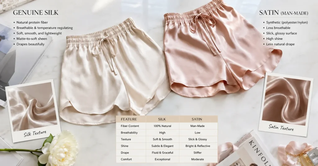 Silk Shorts Review: The Ultimate Guide to Luxe Comfort and Style 3 Silk Shorts Review explaining satin vs silk differences with luxury fabric comparison and texture details