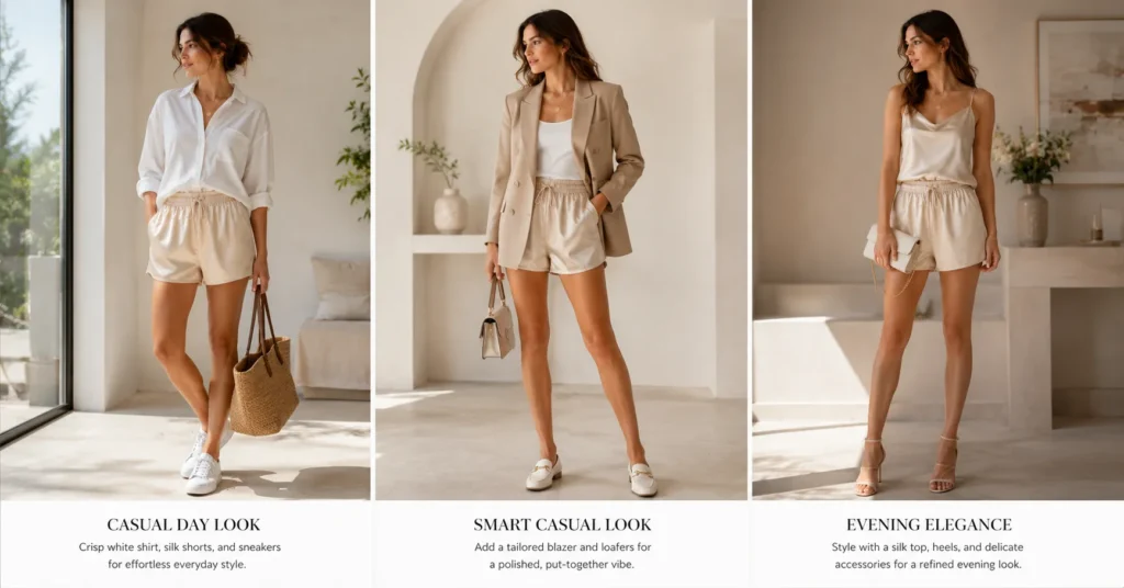 Silk Shorts Review: The Ultimate Guide to Luxe Comfort and Style 6 Silk Shorts Review featuring stylish silk shorts outfit ideas for casual smart casual and evening looks