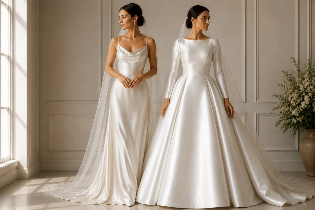 Satin and Silk Wedding Dresses: How to Choose the Right Fabric for Your Big Day 4 Satin and Silk Wedding Dresses comparison showing silk softness and satin shine in elegant bridal gowns