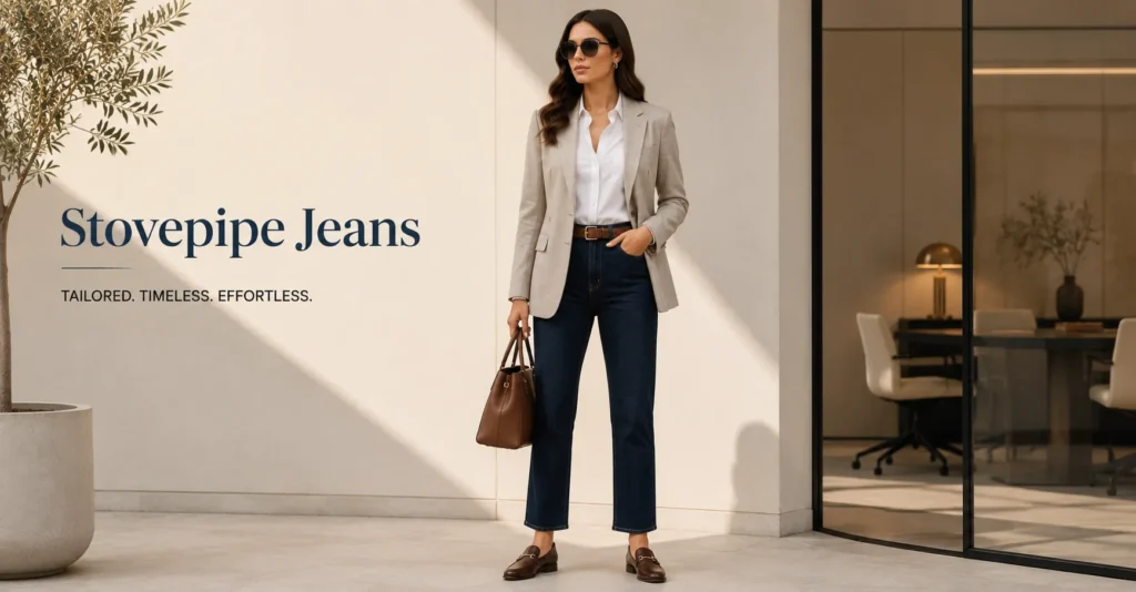 Stovepipe Jeans Explained: Powerful Fashion Tips & Outfit Ideas 9 Smart casual office outfit featuring polished stovepipe jeans and elegant workwear styling