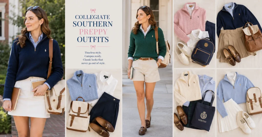 The Ultimate Southern Preppy Outfits Guide: Timeless Style for Every Season 12 Southern Preppy Outfits campus style featuring collegiate sweaters shirts and loafers