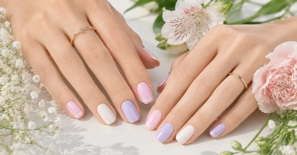 Minimal Nail Designs: Clean, Classy Nail Art That Never Goes Out of Style 9 Spring Minimal Nail Designs with pale pink nails and soft pastel accents