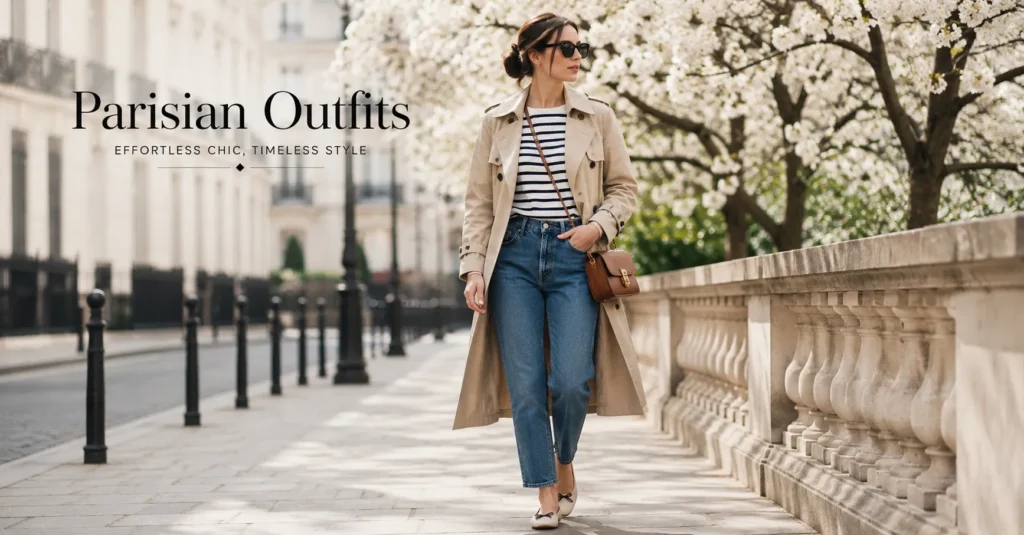 Parisian Outfits: The Ultimate Guide to Effortless French Style 4 Spring Parisian Outfits styled with a trench coat, Breton top and straight-leg jeans