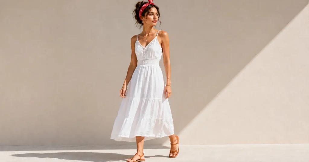 Red Bandana Outfit for spring and summer featuring a lightweight dress and bandana headband