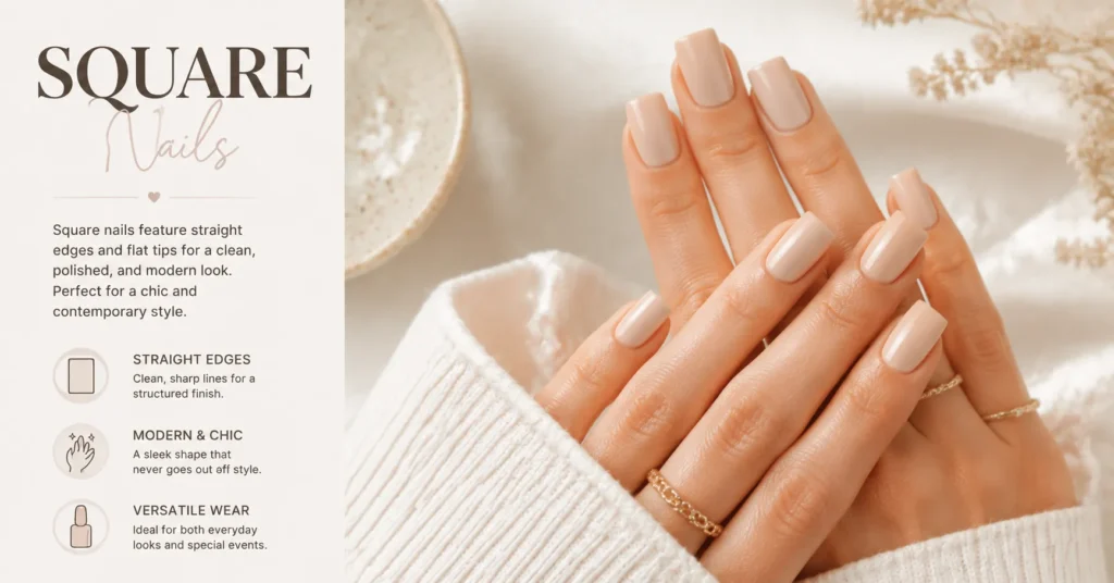 Square Nails with clean straight edges and modern classic manicure design