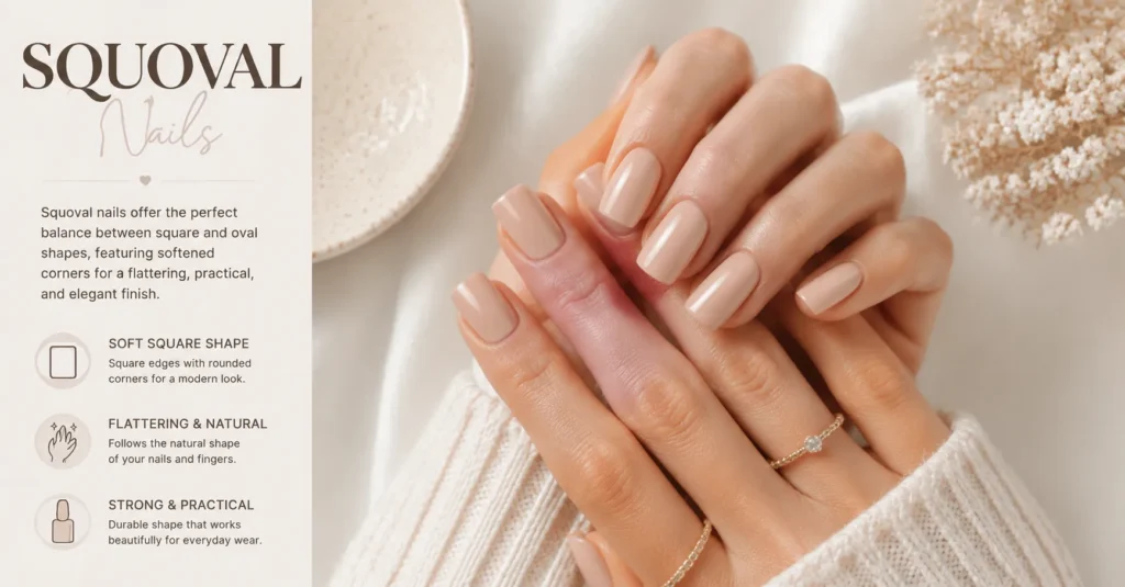 Squoval Nails combining square and oval styles for a versatile everyday manicure