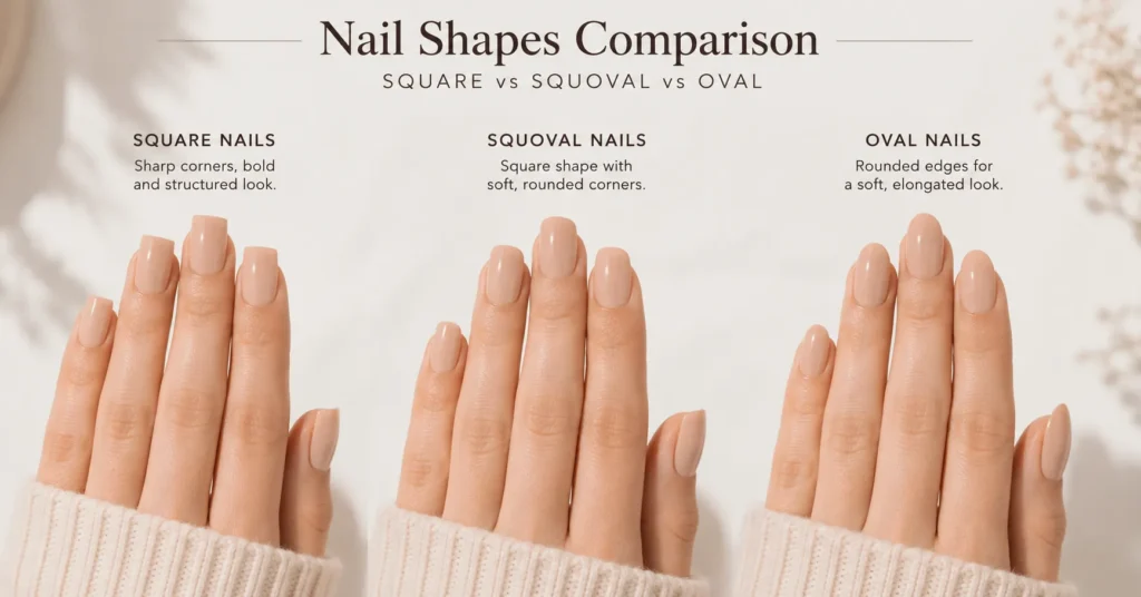 Squoval Nails compared with square and oval nail shapes in a side-by-side beauty guide