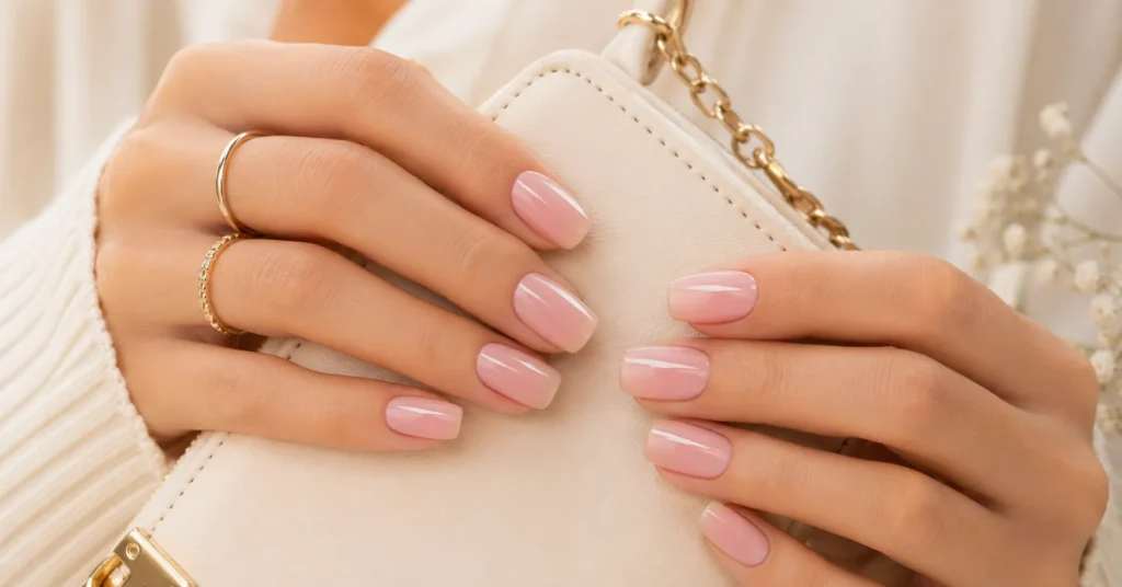 Squoval Nails featuring a glossy gel manicure with a natural elegant finish