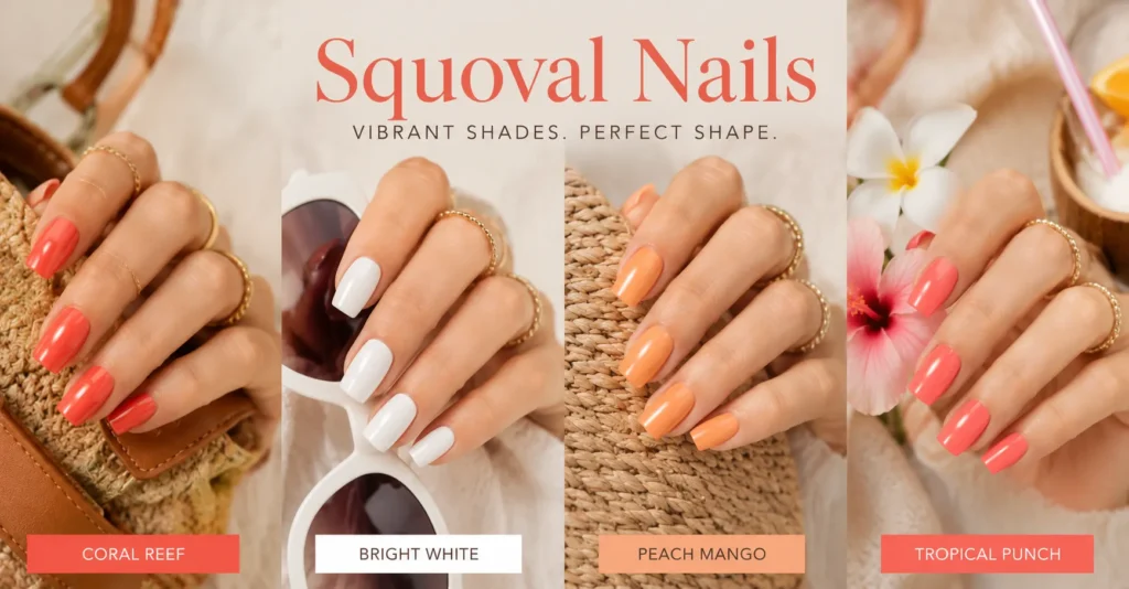Squoval Nails featuring bright summer manicure colors and glossy finishes