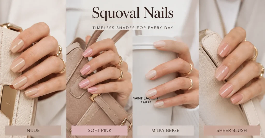 Squoval Nails featuring elegant everyday nude and soft pink manicure colors