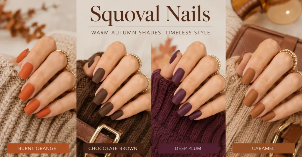Squoval Nails featuring elegant fall manicure colors with matte finishes