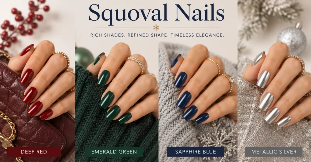 Squoval Nails featuring elegant winter manicure colors with metallic finishes.