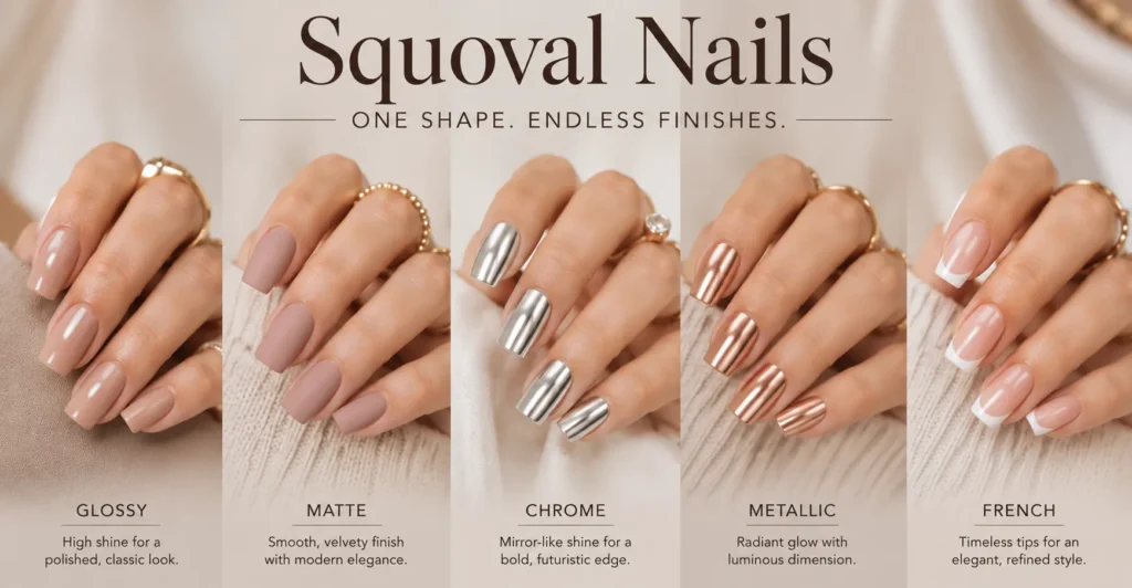 Squoval Nails featuring glossy, matte, chrome, and French manicure finishes