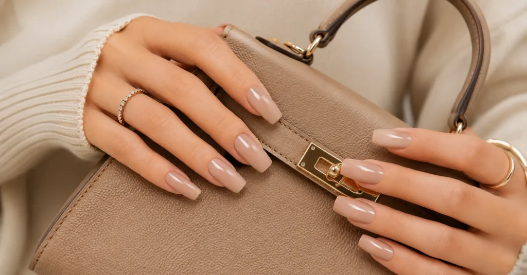 Squoval Nails featuring long acrylic extensions with a glossy nude manicure
