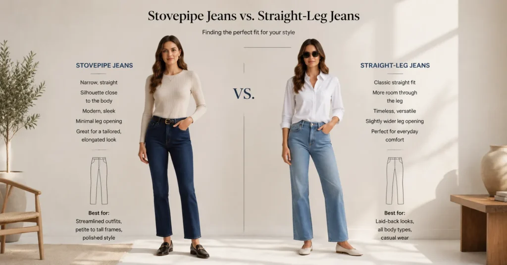 Stovepipe Jeans Explained: Powerful Fashion Tips & Outfit Ideas 4 Stovepipe jeans and straight-leg jeans comparison highlighting denim fit differences