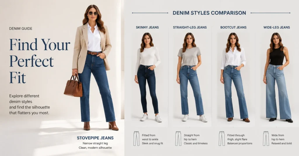 Stovepipe Jeans Explained: Powerful Fashion Tips & Outfit Ideas 3 Stovepipe jeans compared with other denim cuts showing different jean styles and silhouettes