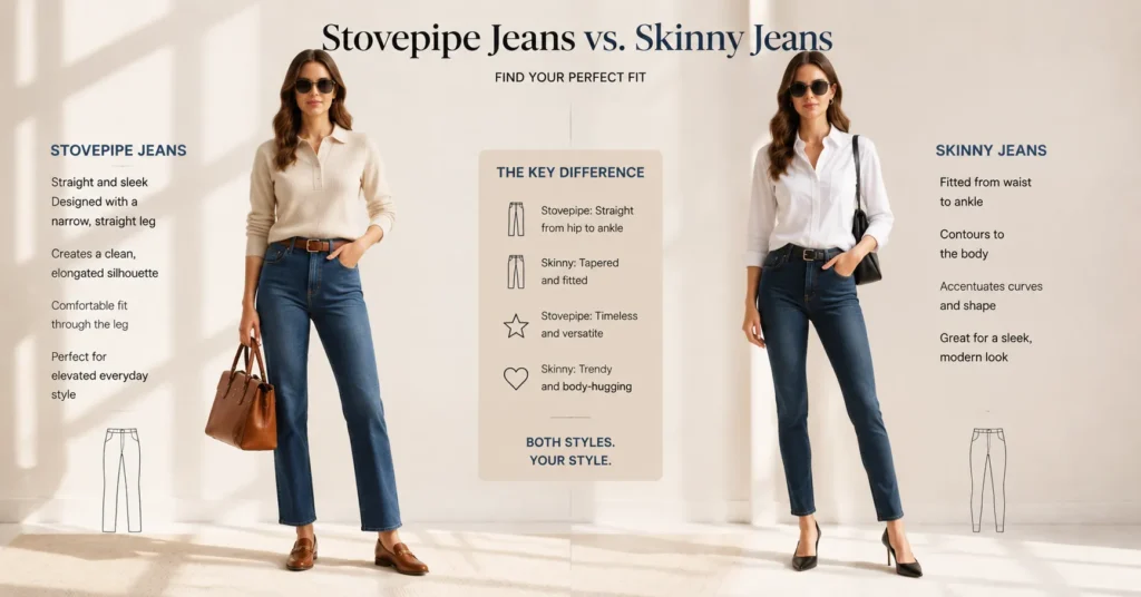 Stovepipe Jeans Explained: Powerful Fashion Tips & Outfit Ideas 5 Stovepipe jeans versus skinny jeans showing comfortable slim denim styling differences