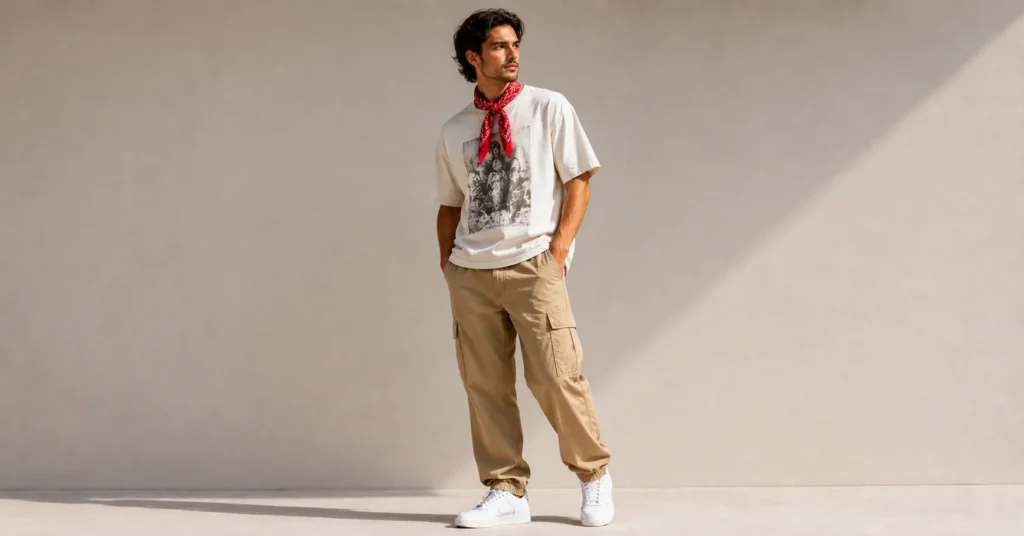Red Bandana Outfit featuring modern streetwear styling with cargo pants and clean sneakers