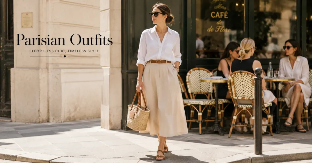 Parisian Outfits: The Ultimate Guide to Effortless French Style 5 Summer Parisian Outfits with a linen shirt, midi skirt and minimalist French accessories