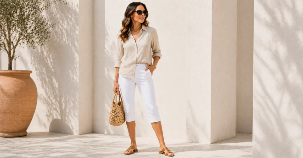 Summer Pedal Pushers Outfits with linen shirt and flat sandals