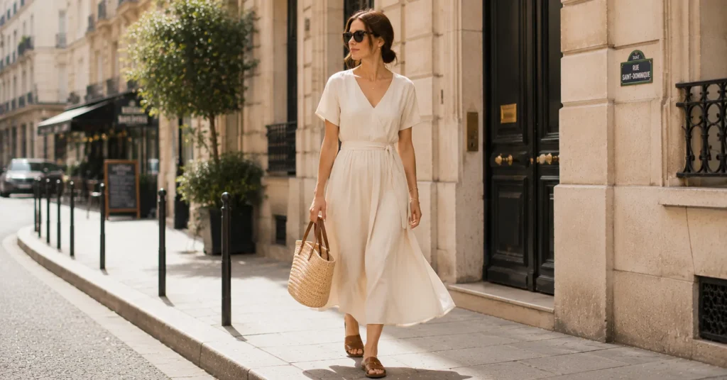 Parisian Outfits: The Ultimate Guide to Effortless French Style 13 Summer stroll Parisian Outfits featuring a flowing midi dress and woven straw bag