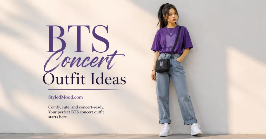 The Compelte Guide to BTS Concert Outfit Ideas That Survive a Full Show 3 BTS concert outfit ideas featuring a casual concert-inspired outfit with jeans and sneakers.