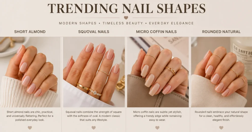 Trending Nail Shapes this year featuring modern almond squoval and coffin manicure styles