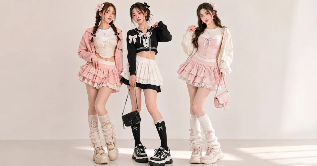Douyin Dress to Impress aesthetic featuring layered outfits, soft colors, cute accessories, and trendy fashion styling.