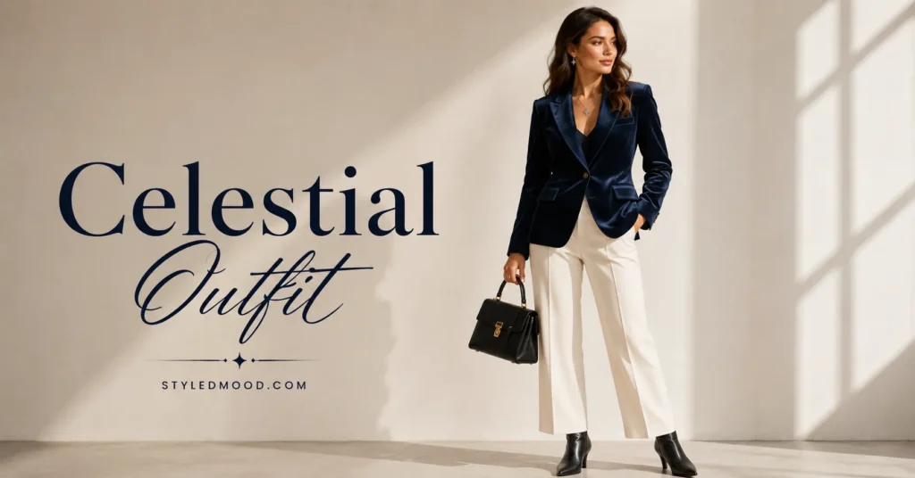 The Celestial Outfit Guide Stylists Wish You Had 9 Velvet Celestial Outfit styled with a midnight blue blazer and elegant silver accessories.