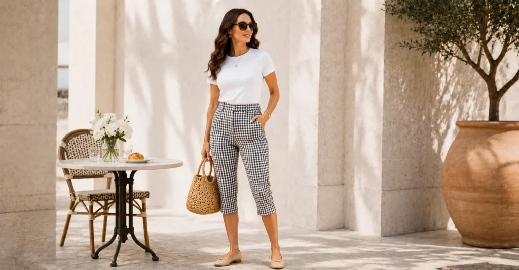 Weekend Pedal Pushers Outfits with gingham pants and ballet flats