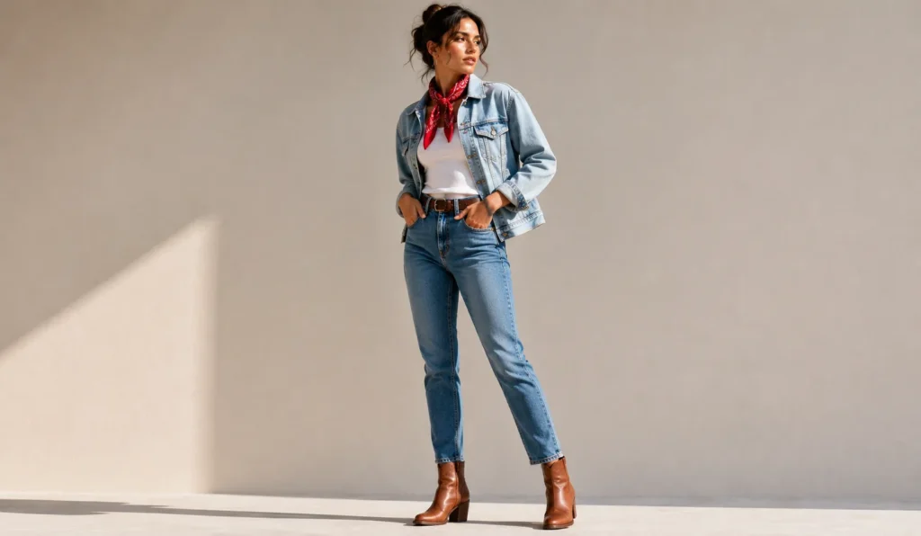 Red Bandana Outfit featuring modern Western-inspired styling with denim and ankle boots