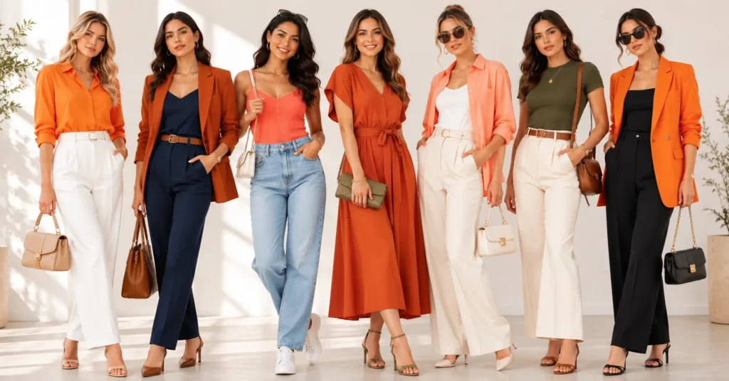 Orange Clothing Outfits paired with white, navy, denim, olive green, pink, and other complementary colors.