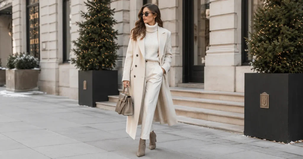 Winter Off White Outfits featuring elegant cream coats and luxurious neutral layering